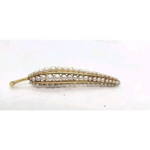 COROCRAFT Vintage 1960's Brooch Long Gold Leaf 3 Rows Faux Pearls Signed Coro